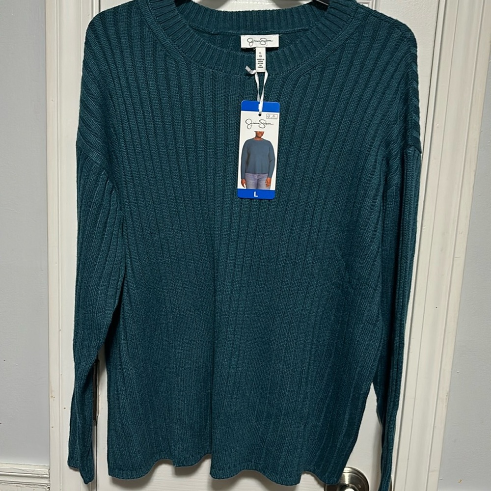 Jessica Simpson Ribbed Sweater Knit Brown Crewneck Women's Size L NWT teal